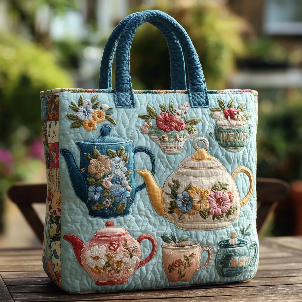 Yvonne – Vadderad shoppingväska med broderade tekannor - Bild 2
