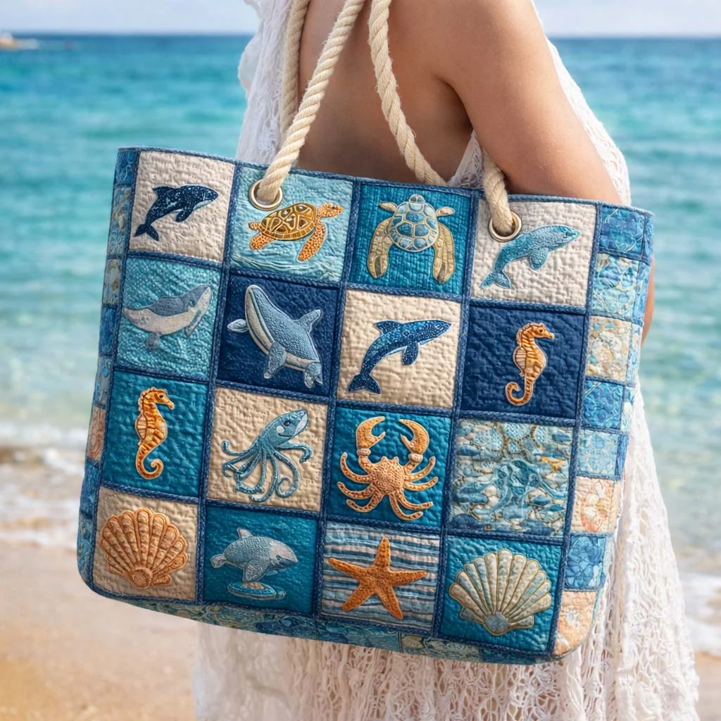 Solveig – Quiltad toteväska med havsmotiv